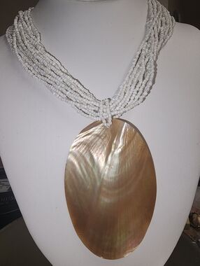 White Seed Beaded Multi-Strand Necklace with Large Mother-of-Pearl Pendant